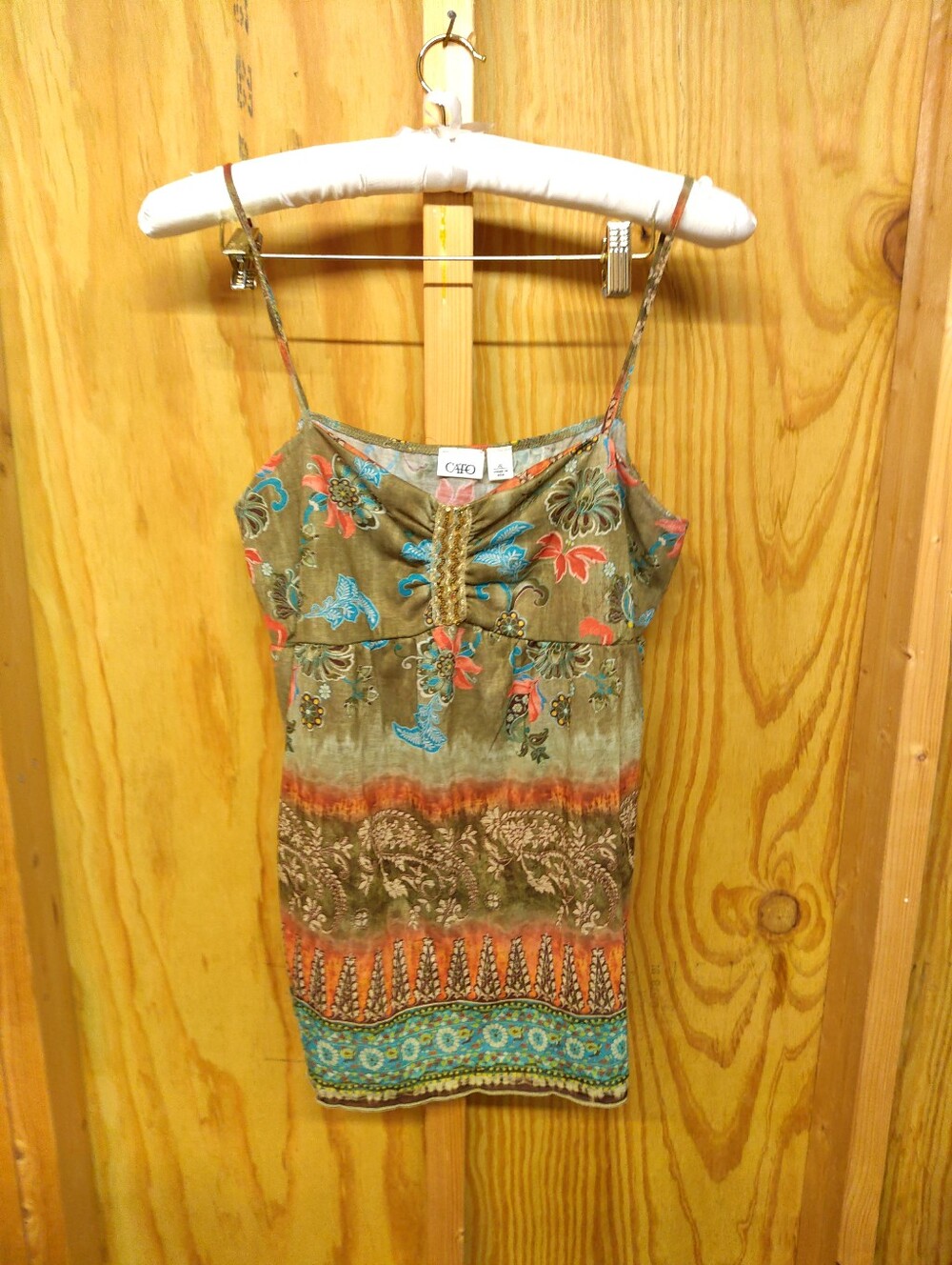 Cato XL Boho Paisley Cami Tank Top Sequin Beaded Trim Earth Tone Y2K USA